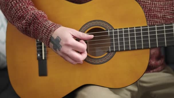 Молодий Лисий Чоловік Грає Класичній Гітарі Сидячи Дивані Вдома — стокове відео