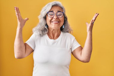 Sarı arka planda dikilen gri saçlı orta yaşlı kadın başarının çılgınlığını kollarını kaldırmış ve gözlerini kapatmış heyecanlı çığlıklar atarak kutluyor. Kazanan konsept 