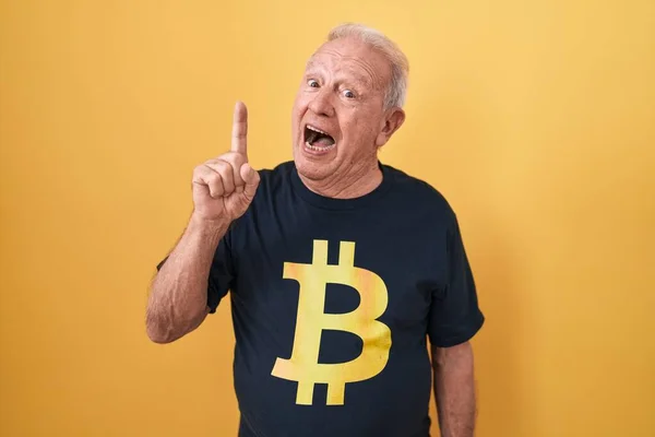 Homem Sênior Com Cabelos Grisalhos Vestindo Camiseta Bitcoin Apontando Dedo — Fotografia de Stock