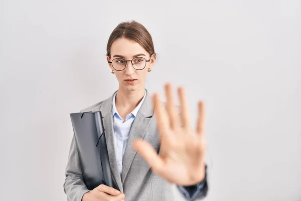 Young Caucasian Woman Wearing Business Clothes Glasses Doing Stop Gesture — Stock Photo, Image