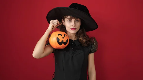 Young Caucasian Woman Smiling Wearing Witch Costume Holding Halloween Pumpkin — ストック写真