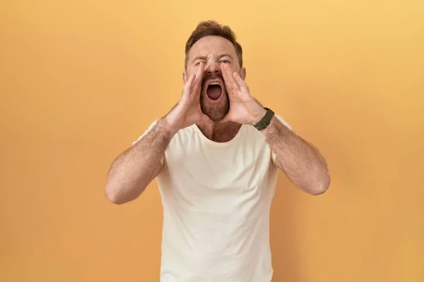 Middle Age Man Beard Standing Yellow Background Shouting Angry Out — Stock Photo, Image