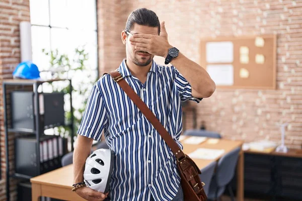 Hispanic Man Long Hair Working Office Holding Bike Helmet Covering — Stock Photo, Image
