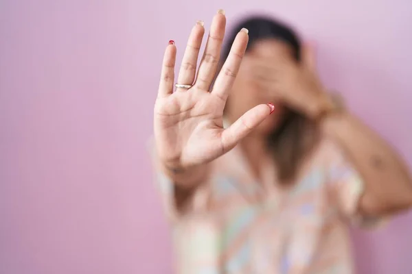 Blonde Woman Standing Pink Background Covering Eyes Hands Doing Stop — Foto Stock