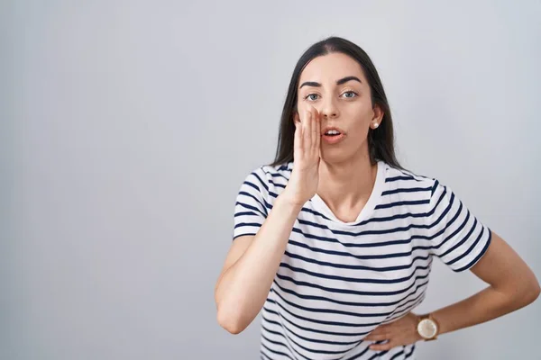 Young Brunette Woman Wearing Striped Shirt Hand Mouth Telling Secret — Stock Photo, Image