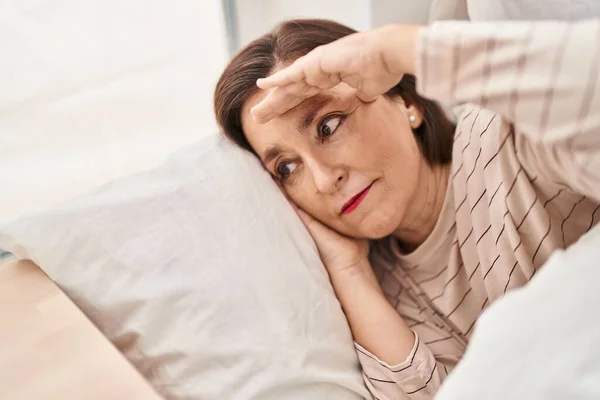 Middle Age Woman Sad Expression Lying Bed Bedroom — Stock Photo, Image