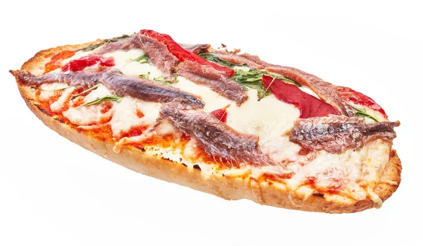 Одноразові Анчоуси Хлібна Піца Білому Ізольованому Фоні — стокове фото