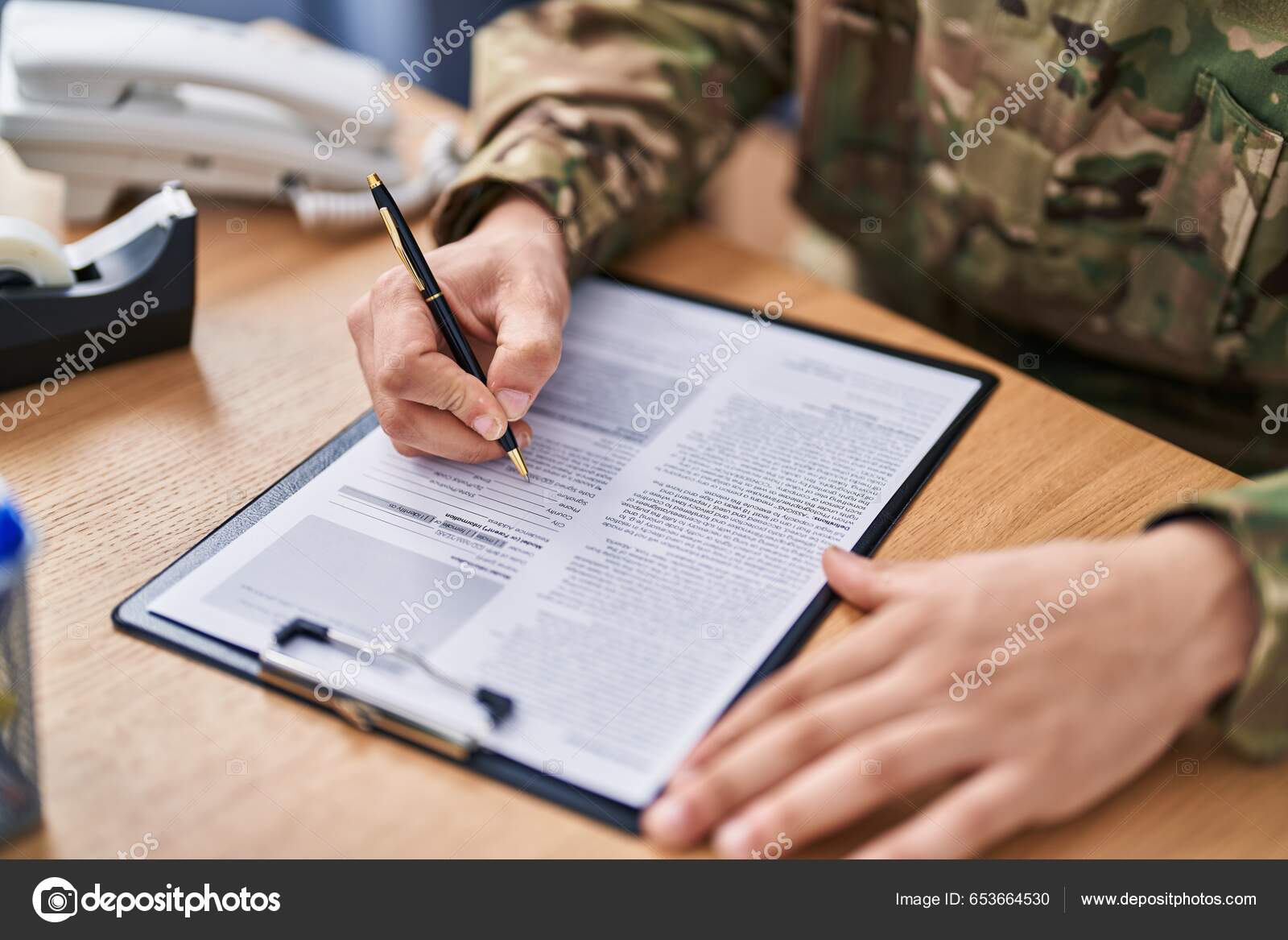 Young Arab Man Army Soldier Signing Contract Office — Stock Photo ...