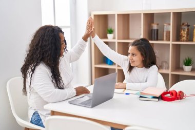 Anne ve kız gülümsüyor. Kendine güvenen bir beşlik. Elleri havada.