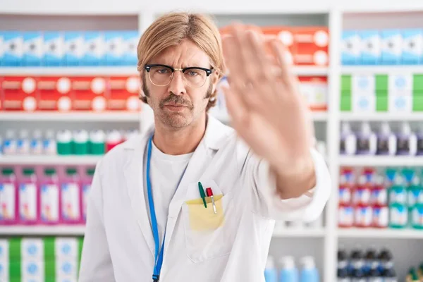 Caucasian Man Mustache Working Pharmacy Drugstore Doing Stop Sing Palm — Stock Photo, Image