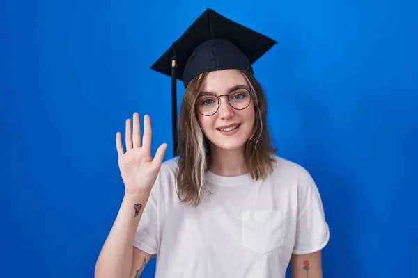 Blonde Caucasian Woman Wearing Graduation Cap Showing Pointing Fingers Number — Stock Photo, Image