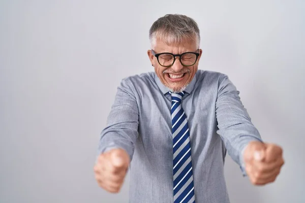 Hispanic Business Man Grey Hair Wearing Glasses Excited Success Arms — Stock Photo, Image