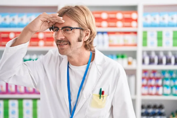 Caucasian Man Mustache Working Pharmacy Drugstore Very Happy Smiling Looking — Stock Photo, Image