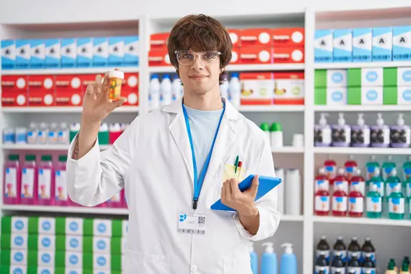 Young Blond Man Pharmacist Using Touchpad Holding Pills Bottle Pharmacy — Stock Photo, Image