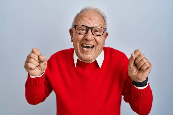 Gri Saçlı Yaşlı Adam Izole Edilmiş Arka Planda Duruyor Başarı — Stok fotoğraf