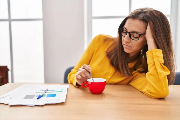 Young Woman Sleeped Drinking Coffee Office — Stock Photo, Image