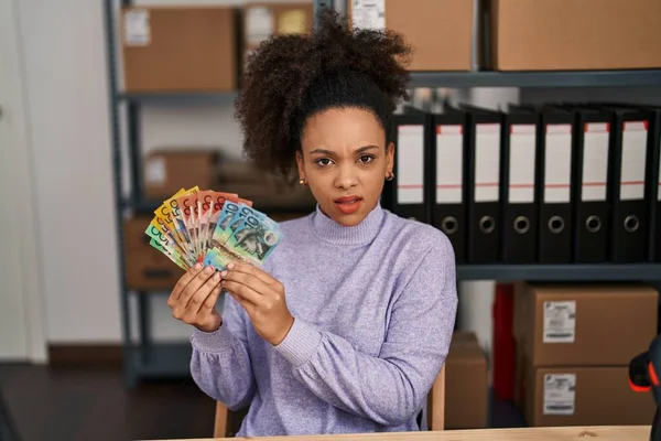Young African American Woman Working Small Business Ecommerce Holding Australian — Stock Photo, Image