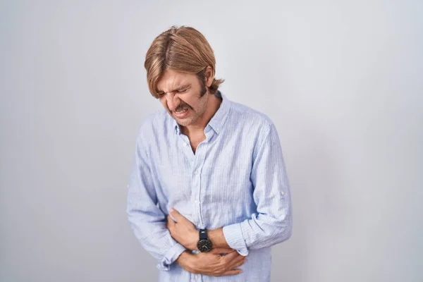 Caucasian Man Mustache Standing White Background Hand Stomach Because Indigestion — Stock Photo, Image