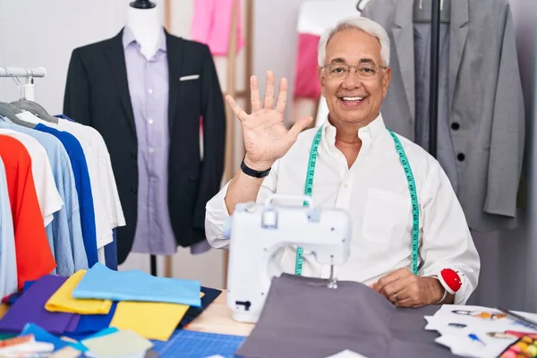 Middle Age Man Grey Hair Dressmaker Using Sewing Machine Showing — Stock Photo, Image