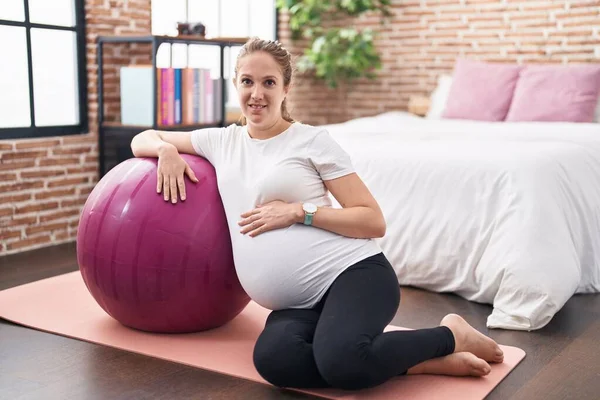 Young Pregnant Woman Touching Belly Leaning Fit Ball Bedroom — Stock Photo, Image