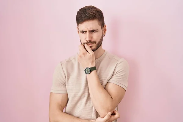 Hispanic Man Beard Standing Pink Background Looking Stressed Nervous Hands — Stock Photo, Image