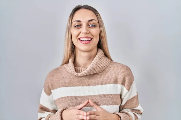 Young Blonde Woman Wearing Turtleneck Sweater Isolated Background Hands Together — Stock Photo, Image
