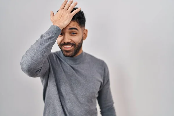 Hispanic Man Beard Standing White Background Surprised Hand Head Mistake — 스톡 사진