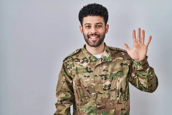 Arab Man Wearing Camouflage Army Uniform Showing Pointing Fingers Number — Stock Photo, Image