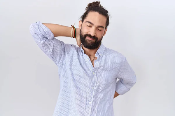 Hispanic Man Beard Wearing Casual Shirt Suffering Neck Ache Injury — Stock Photo, Image