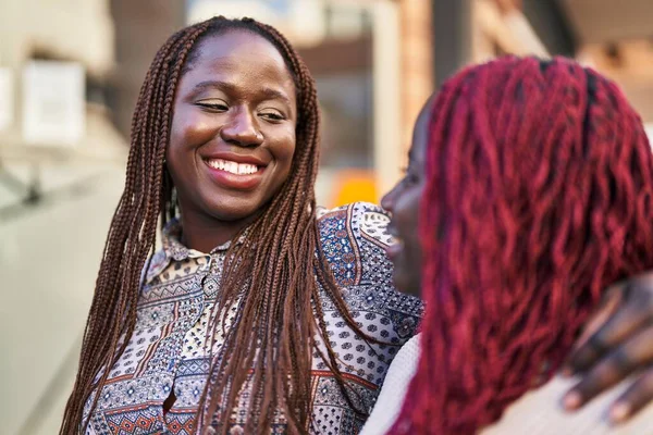 African American Women Friends Smiling Confident Hugging Each Other Street — Photo