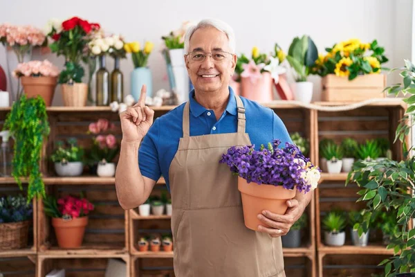花の店で働く白髪の中年の男幸せな顔をしたアイデアや質問を指差す指で笑顔植物を保持します ナンバーワン — ストック写真