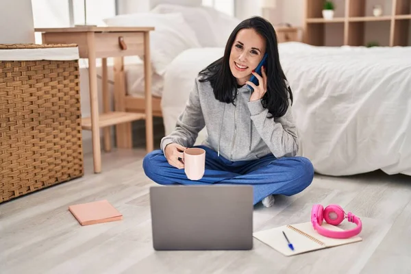 Young Caucasian Woman Student Talking Smartphone Drinking Coffee Bedroom — Foto Stock