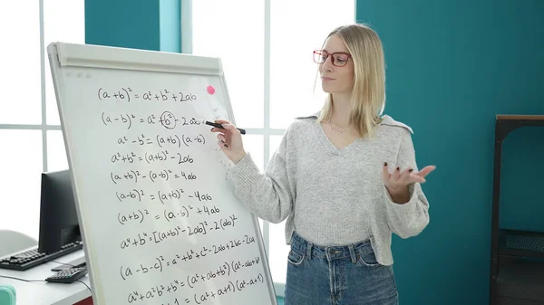 Young Blonde Woman Teaching Maths Magnetic Board Library University — ストック写真