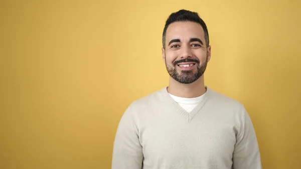 Young Hispanic Man Smiling Confident Standing Isolated Yellow Background — Stok fotoğraf