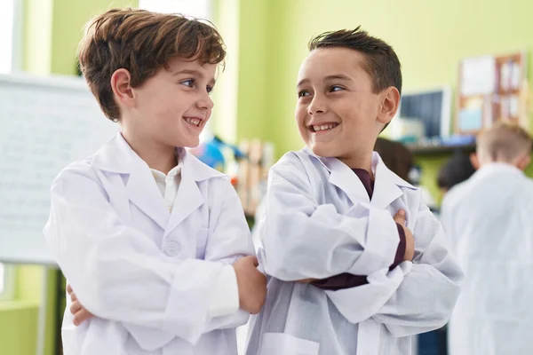 Adorable Boys Student Smiling Confident Standing Arms Crossed Gesture Laboratory — Stock Photo, Image
