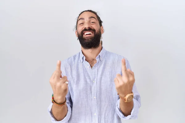 Hispanic Man Beard Wearing Casual Shirt Showing Middle Finger Doing — стоковое фото