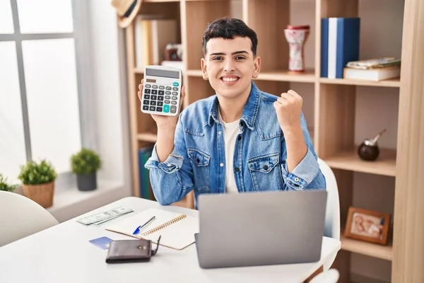 Non Binary Person Calculating Money Savings Screaming Proud Celebrating Victory — Stock Photo, Image