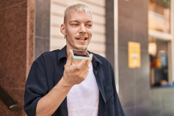 Young Caucasian Man Smiling Confident Talking Smartphone Street — Stok fotoğraf