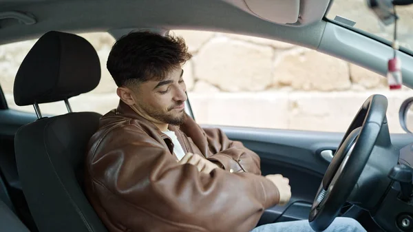 Young Arab Man Sitting Car Dancing Street — Stock Photo, Image