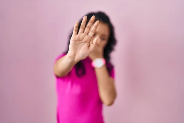 Young Asian Woman Standing Pink Background Covering Eyes Hands Doing — Fotografia de Stock