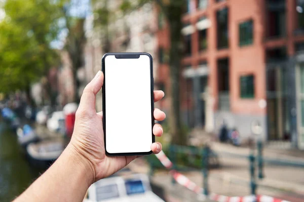 Man Holding Smartphone Showing White Blank Screen Amsterdam — Stock Photo, Image