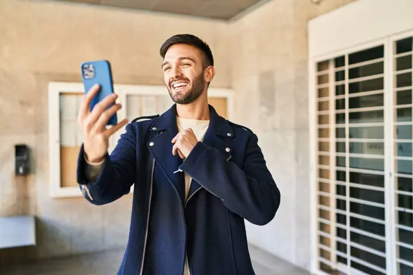 Young Hispanic Man Smiling Confident Having Video Call Street —  Fotos de Stock