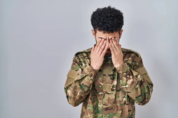 Arab Man Wearing Camouflage Army Uniform Rubbing Eyes Fatigue Headache — Stock Photo, Image