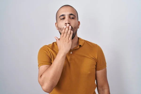 Hispanic Man Beard Standing White Background Bored Yawning Tired Covering — Stock Photo, Image