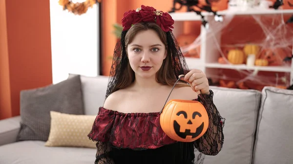 Young Blonde Woman Wearing Katrina Costume Holding Halloween Pumpkin Basket — ストック写真