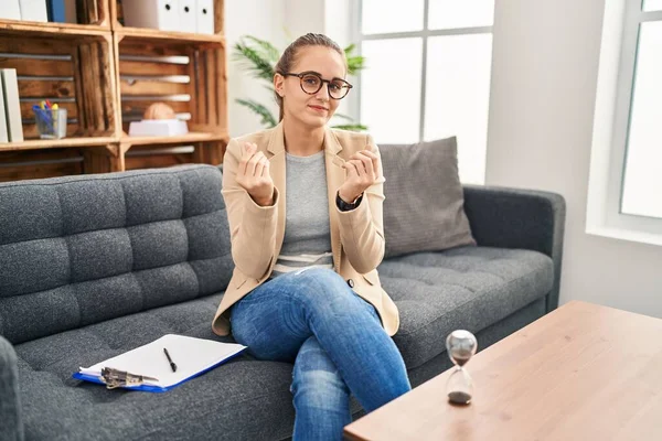 Young Woman Working Consultation Office Doing Money Gesture Hands Asking — Stock Photo, Image