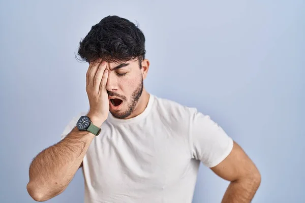 Hispanic Man Beard Standing White Background Yawning Tired Covering Half — Stockfoto