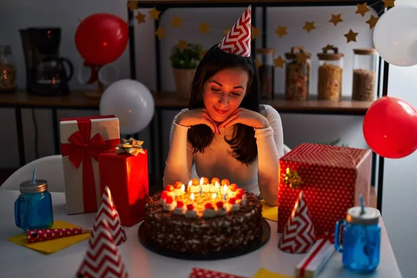 Young Caucasian Woman Celebrating Birthday Sitting Table Home — 图库照片