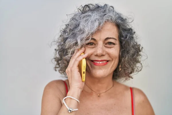 Middle Age Grey Haired Woman Smiling Confident Talking Smartphone White — Stock Photo, Image