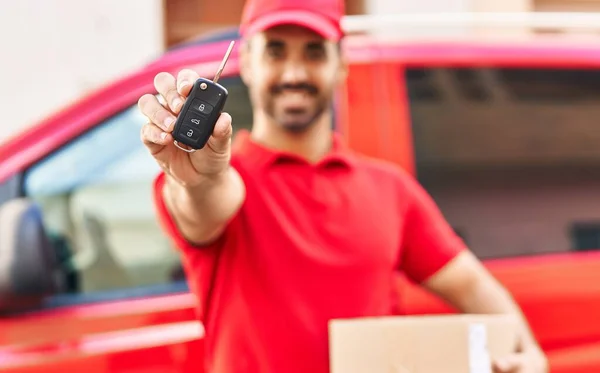 Young Hispanic Man Courier Holding Package Car Key Street — Stockfoto